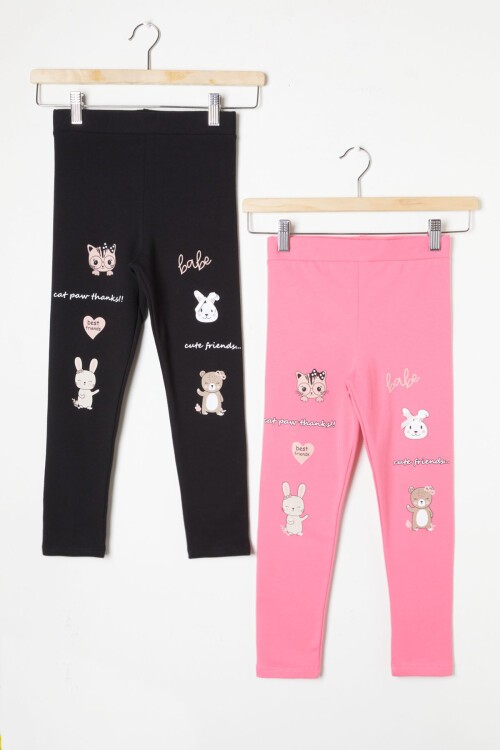Kız Çocuk Cute Tavşan Baskı 2li Tayt Siyah-Pembe 16375