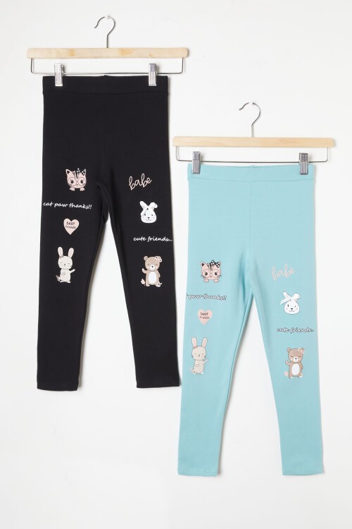 Kız Çocuk Cute Tavşan Baskı 2li Tayt Siyah-Yeşil 16377