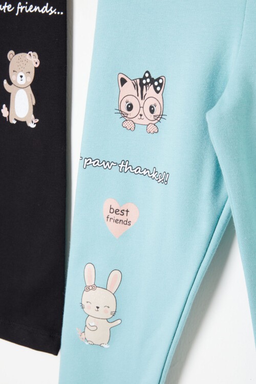 Kız Çocuk Cute Tavşan Baskı 2li Tayt Siyah-Yeşil 16377