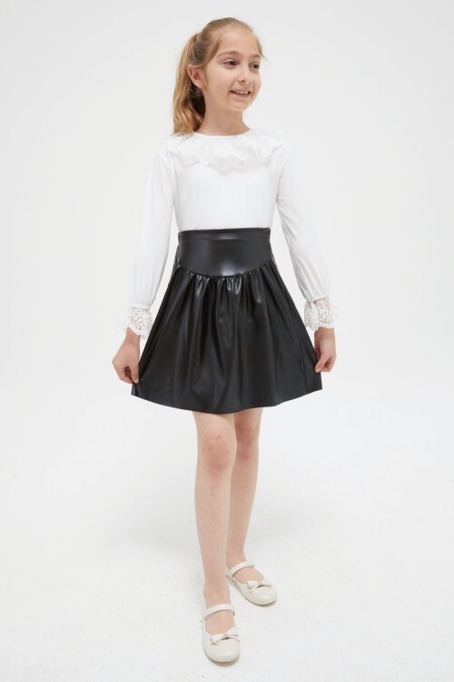 Kız Çocuk Deri Etekli Dantel Detay Bluzlu Takım 15413