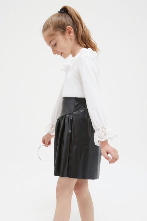 Kız Çocuk Deri Etekli Dantel Detay Bluzlu Takım 15413