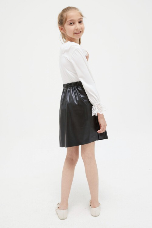 Kız Çocuk Deri Etekli Dantel Detay Bluzlu Takım 15413