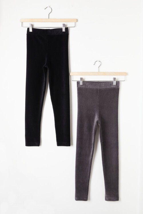 Kız Çocuk Fitilli 2li Kadife Tayt Siyah-Gri 16482