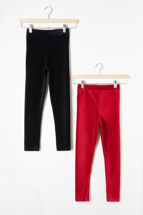Kız Çocuk Fitilli 2li Kadife Tayt Siyah-Kırmızı 16483