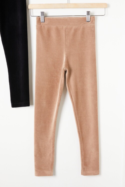 Kız Çocuk Fitilli 2li Kadife Tayt Siyah-Krem 16489