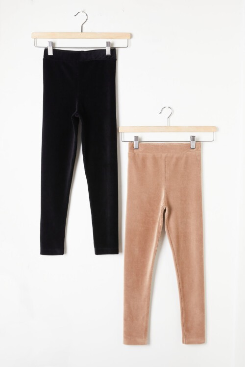 Kız Çocuk Fitilli 2li Kadife Tayt Siyah-Krem 16489