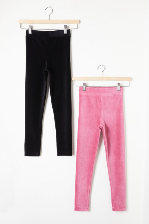 Kız Çocuk Fitilli 2li Kadife Tayt Siyah-Pembe 16491