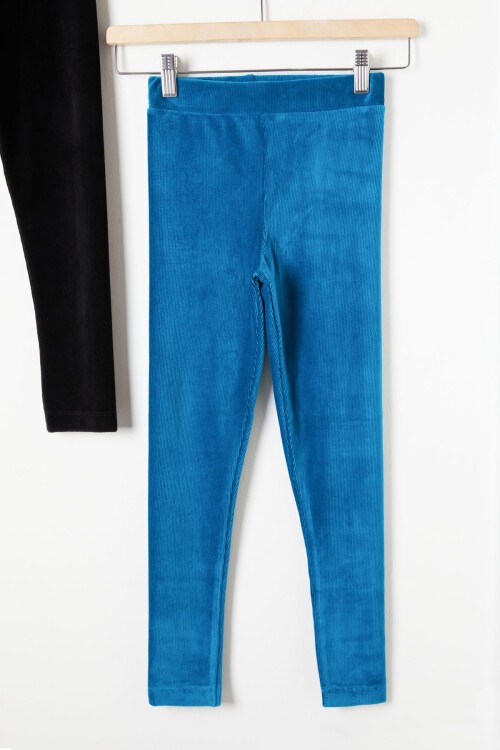 Kız Çocuk Fitilli 2li Kadife Tayt Siyah-Turkuaz 16484