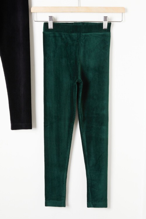 Kız Çocuk Fitilli 2li Kadife Tayt Siyah-Yeşil 16487