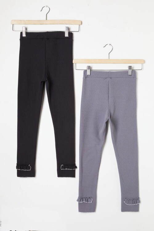 Kız Çocuk Fitilli Fırfırlı 2li Tayt Siyah-Gri 16364