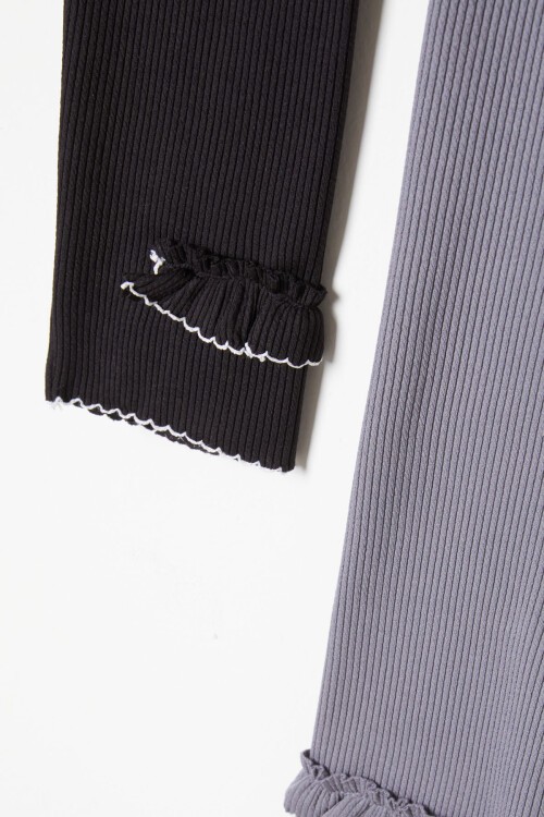 Kız Çocuk Fitilli Fırfırlı 2li Tayt Siyah-Gri 16364