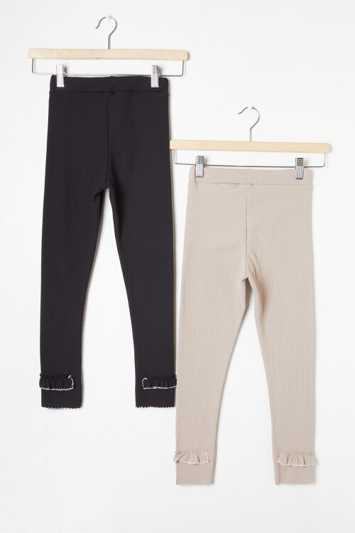 Kız Çocuk Fitilli Fırfırlı 2li Tayt Siyah-Krem 16366