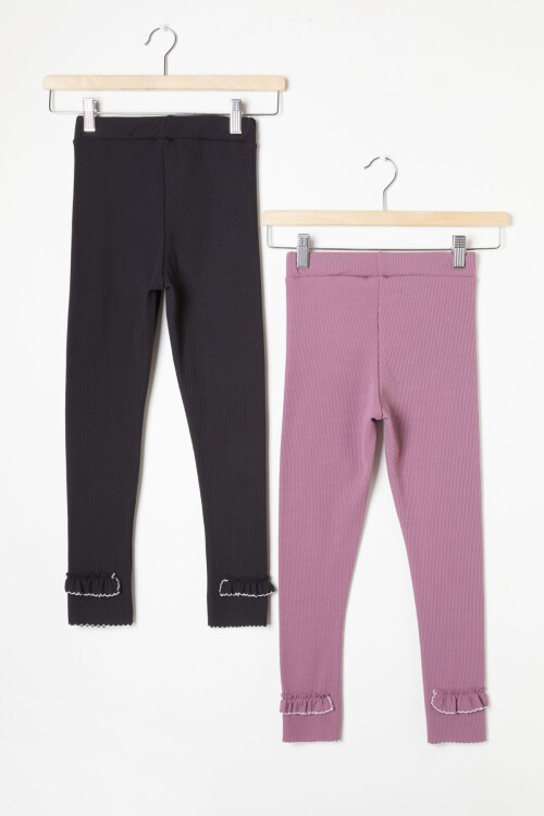 Kız Çocuk Fitilli Fırfırlı 2li Tayt Siyah-Pembe 16365