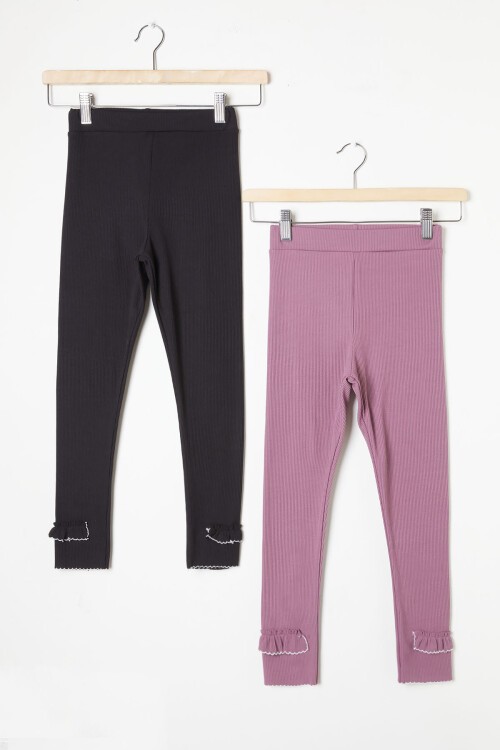 Kız Çocuk Fitilli Fırfırlı 2li Tayt Siyah-Pembe 16365