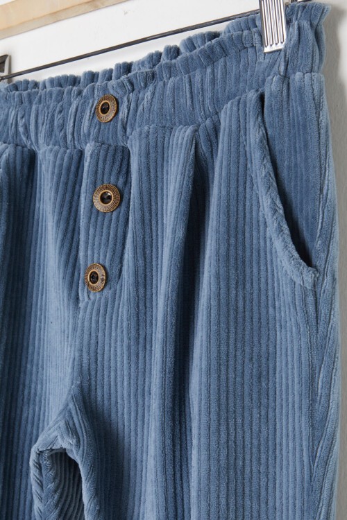 Kız Çocuk İndigo Düğme Detaylı Kadife Pantolon 16316