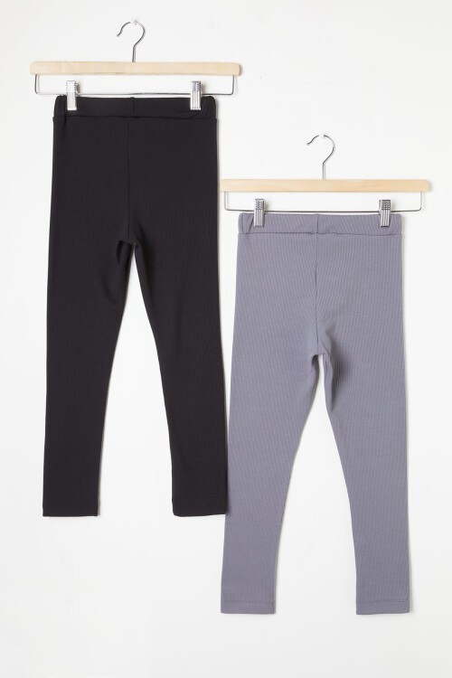 Kız Çocuk Kaşkorse Fitilli 2li Tayt Siyah-Gri 16367