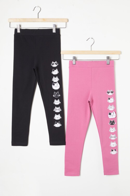 Kız Çocuk Kedi Baskılı 2li Tayt Siyah-Gül Kurusu 16371