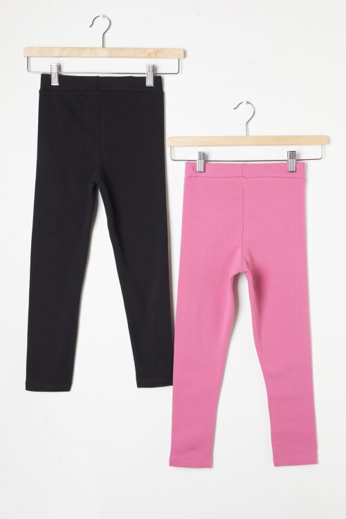 Kız Çocuk Kedi Baskılı 2li Tayt Siyah-Gül Kurusu 16371