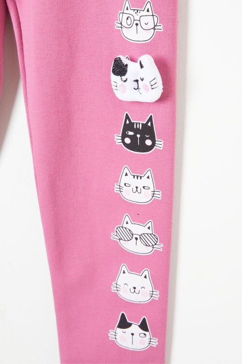 Kız Çocuk Kedi Baskılı 2li Tayt Siyah-Gül Kurusu 16371