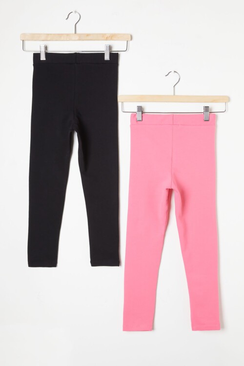 Kız Çocuk Kedi Baskılı 2li Tayt Siyah-Pembe 16369