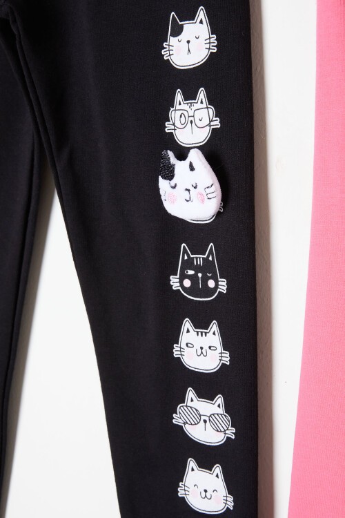 Kız Çocuk Kedi Baskılı 2li Tayt Siyah-Pembe 16369