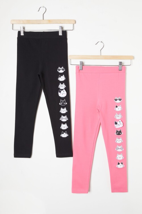 Kız Çocuk Kedi Baskılı 2li Tayt Siyah-Pembe 16369