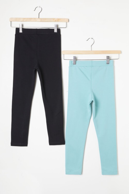 Kız Çocuk Kedi Baskılı 2li Tayt Siyah-Yeşil 16370