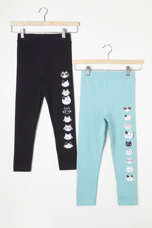 Kız Çocuk Kedi Baskılı 2li Tayt Siyah-Yeşil 16370