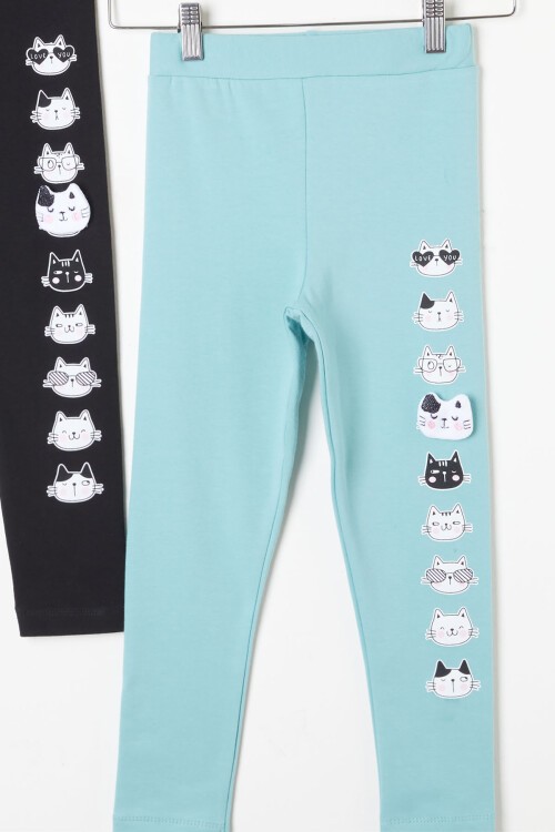 Kız Çocuk Kedi Baskılı 2li Tayt Siyah-Yeşil 16370