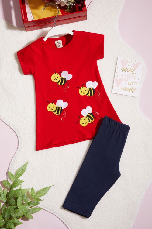 Kız Çocuk Kırmızı Arı Nakışlı 2-5 Yaş Kaprili Takım 403-2