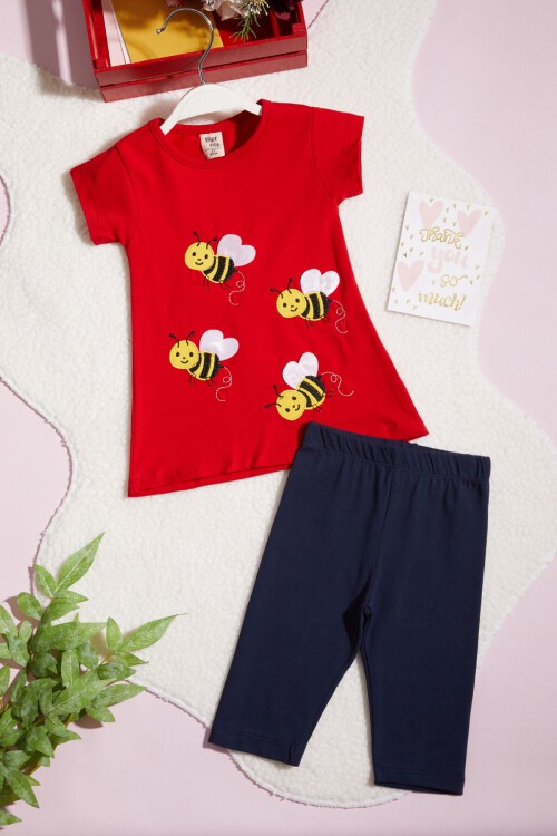 Kız Çocuk Kırmızı Arı Nakışlı 2-5 Yaş Kaprili Takım 403-2