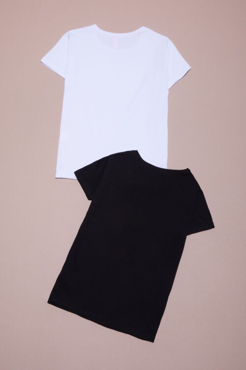 Kız Çocuk Kısa Kollu 2li Düz Badi Siyah-Beyaz 16374