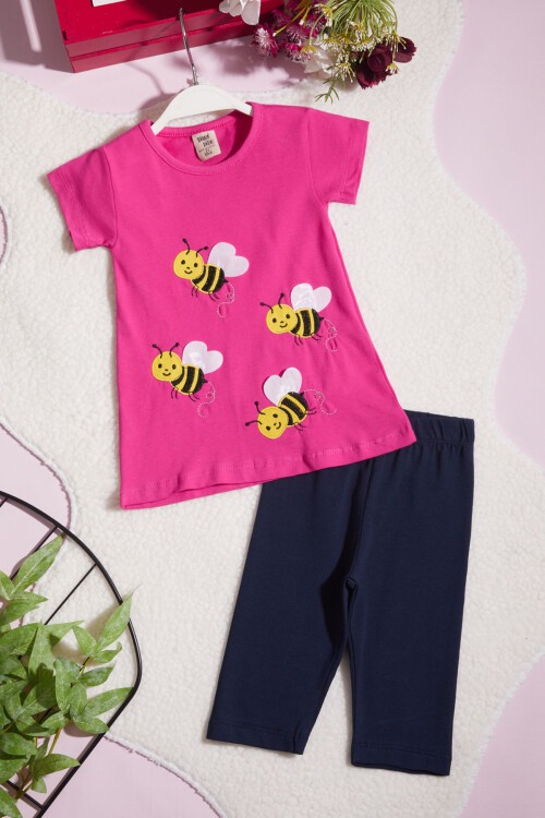 Kız Çocuk Koyu Pembe Arı Nakışlı 2-5 Yaş Kaprili Takım 403-4