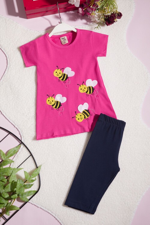 Kız Çocuk Koyu Pembe Arı Nakışlı 2-5 Yaş Kaprili Takım 403-4