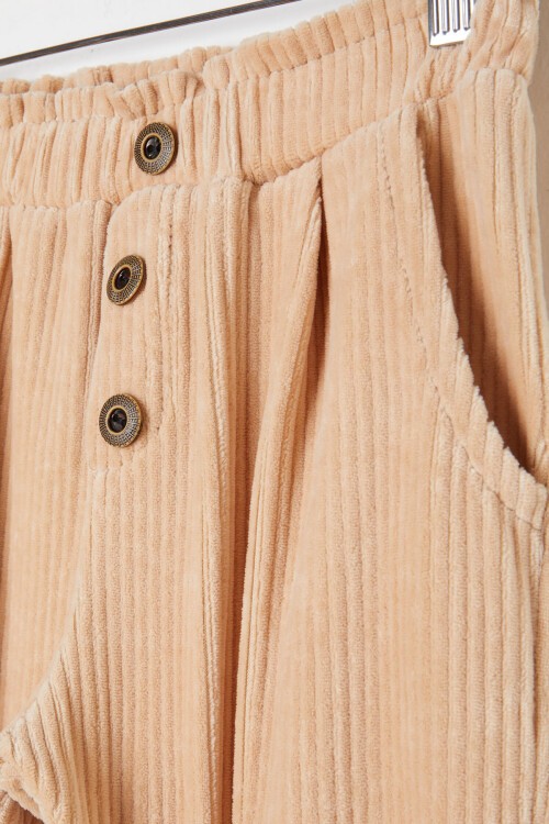 Kız Çocuk Krem Düğme Detaylı Kadife Pantolon 16318