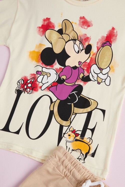 Kız Çocuk Krem Love Baskı Yazlık Şortlu Takım 15473