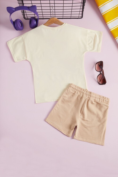 Kız Çocuk Krem Love Baskı Yazlık Şortlu Takım 15473