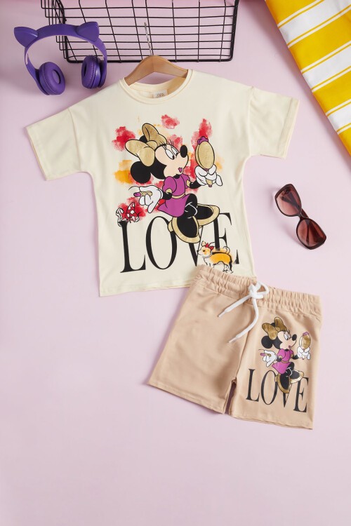Kız Çocuk Krem Love Baskı Yazlık Şortlu Takım 15473