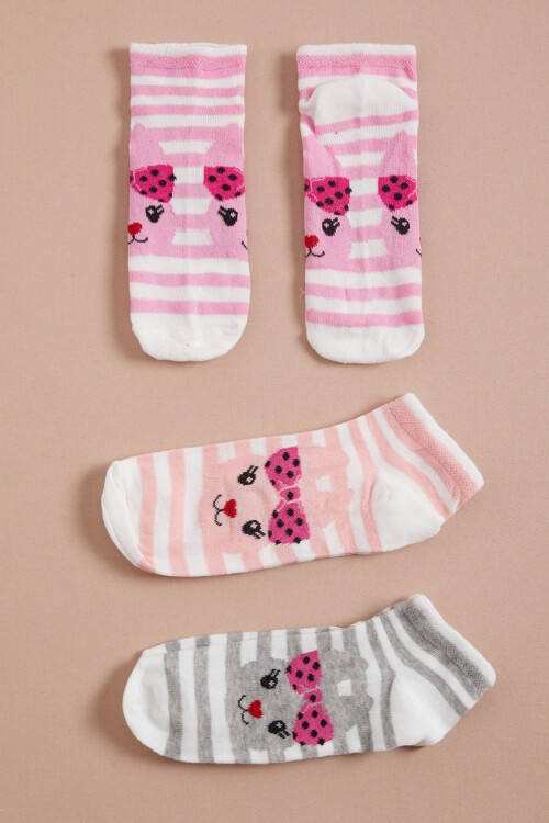 Kız Çocuk Kurdele Kedili 3lü Çorap Gri-Pembe-Somon 16096