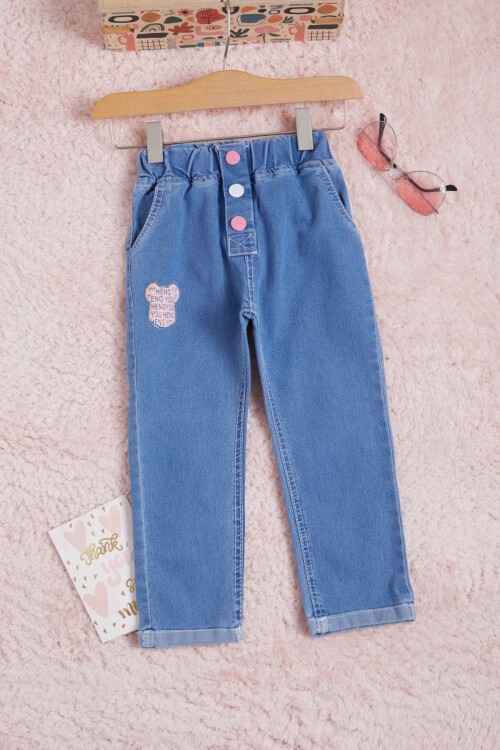Kız Çocuk Mavi Beli Lastikli Renkli Düğmeli Jean Pantolon 16261