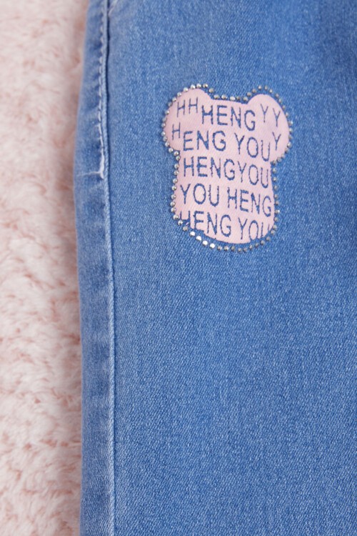 Kız Çocuk Mavi Beli Lastikli Renkli Düğmeli Jean Pantolon 16261