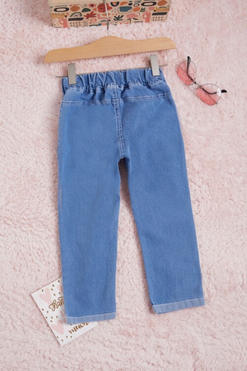 Kız Çocuk Mavi Beli Lastikli Renkli Düğmeli Jean Pantolon 16261