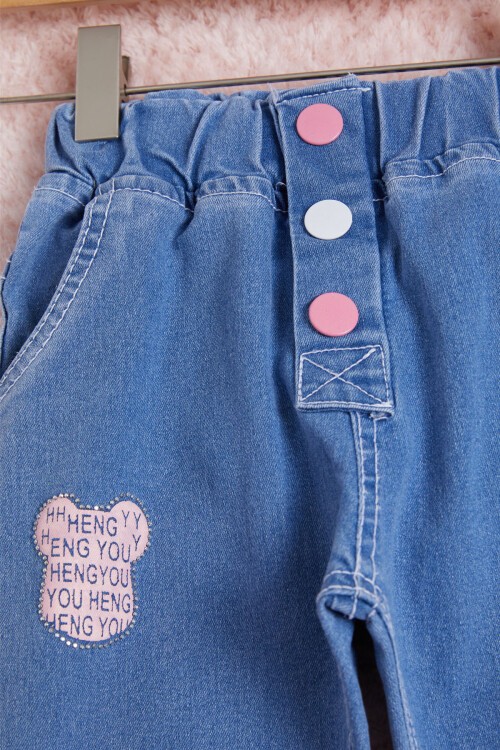 Kız Çocuk Mavi Beli Lastikli Renkli Düğmeli Jean Pantolon 16261
