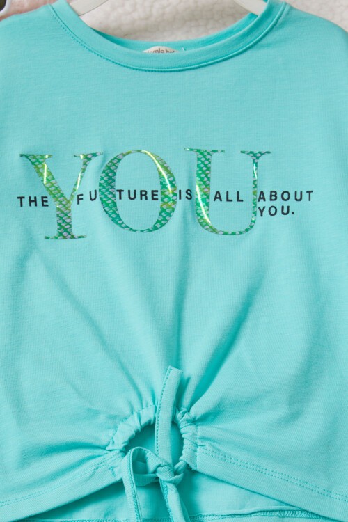 Kız Çocuk Mint Yazı Baskılı Bluzlu Kargo Pantolonlu Takım 15454