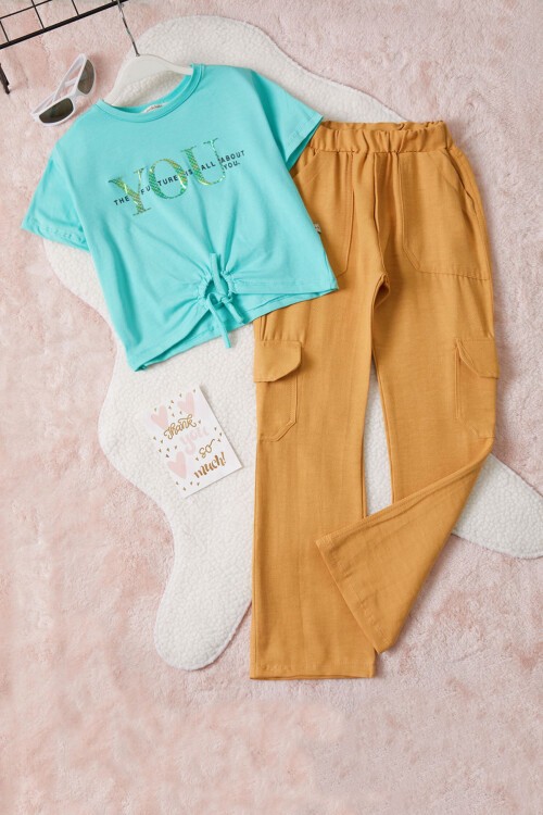 Kız Çocuk Mint Yazı Baskılı Bluzlu Kargo Pantolonlu Takım 15454