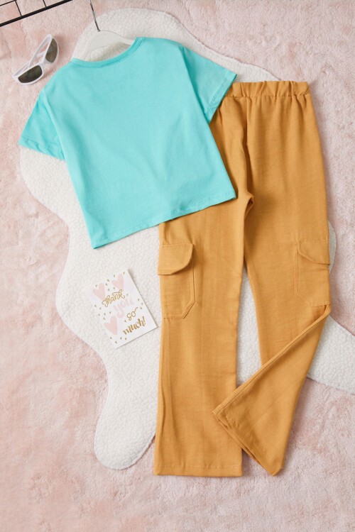 Kız Çocuk Mint Yazı Baskılı Bluzlu Kargo Pantolonlu Takım 15454