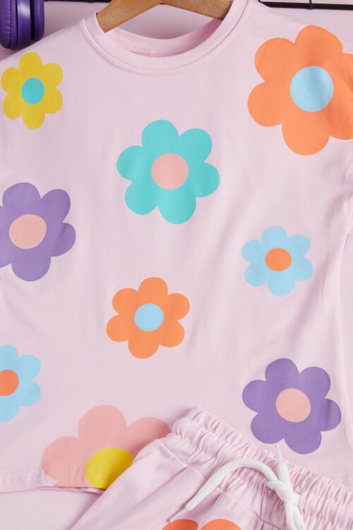 Kız Çocuk Pembe Çiçek Baskılı Yazlık Şortlu Takım 15472