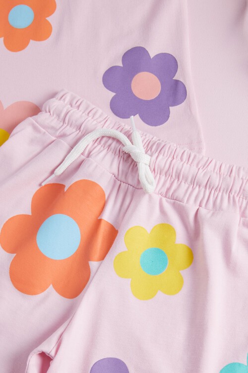 Kız Çocuk Pembe Çiçek Baskılı Yazlık Şortlu Takım 15472
