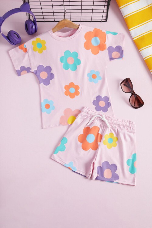 Kız Çocuk Pembe Çiçek Baskılı Yazlık Şortlu Takım 15472