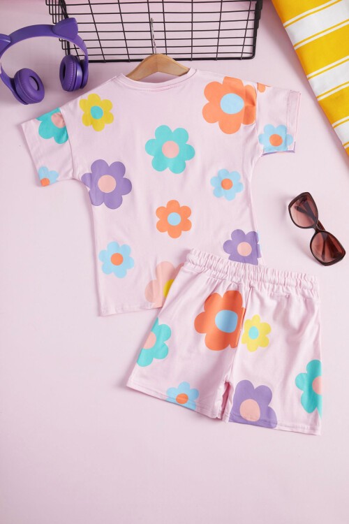 Kız Çocuk Pembe Çiçek Baskılı Yazlık Şortlu Takım 15472